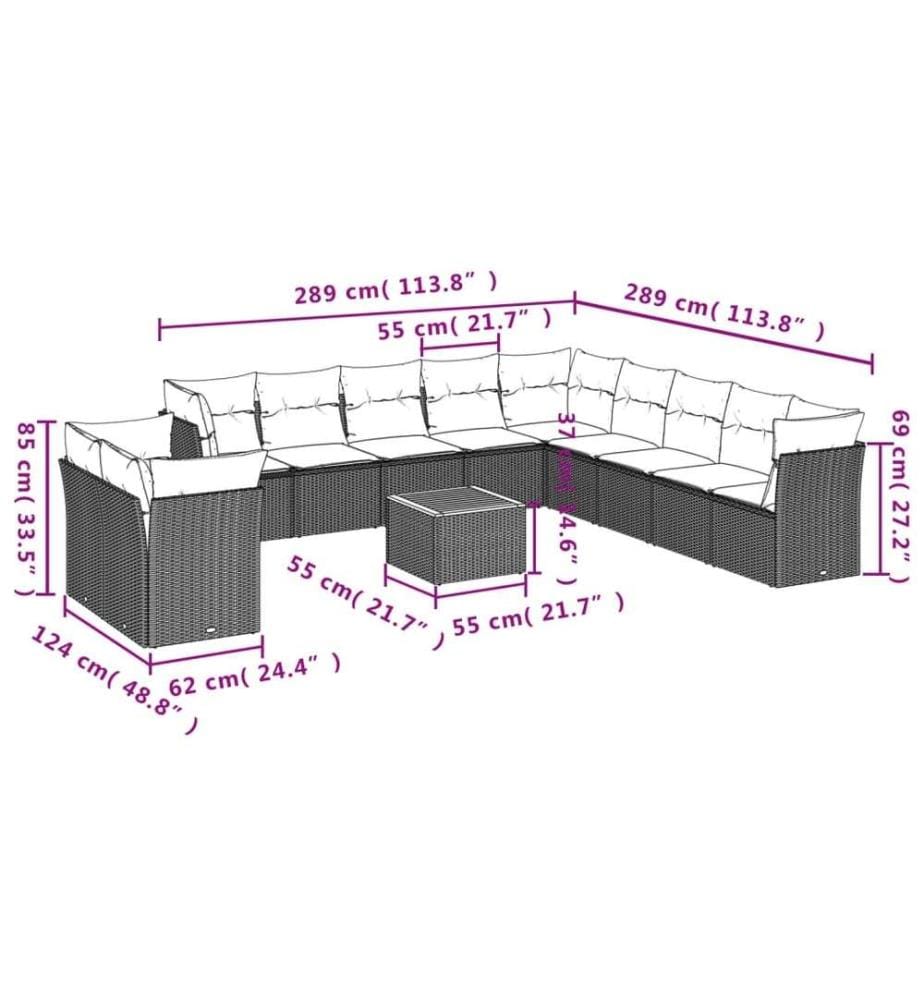 12-tlg. Garten-Sofagarnitur mit Kissen Schwarz Poly Rattan