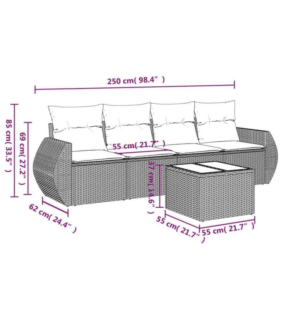 5-tlg. Garten-Sofagarnitur mit Kissen Schwarz Poly Rattan