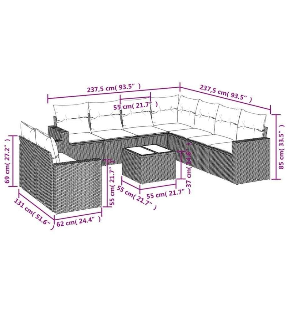 10-tlg. Garten-Sofagarnitur mit Kissen Schwarz Poly Rattan