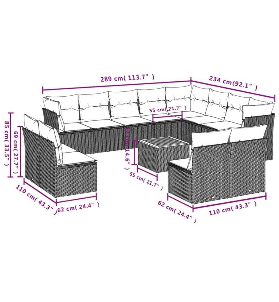 13-tlg. Garten-Sofagarnitur mit Kissen Schwarz Poly Rattan