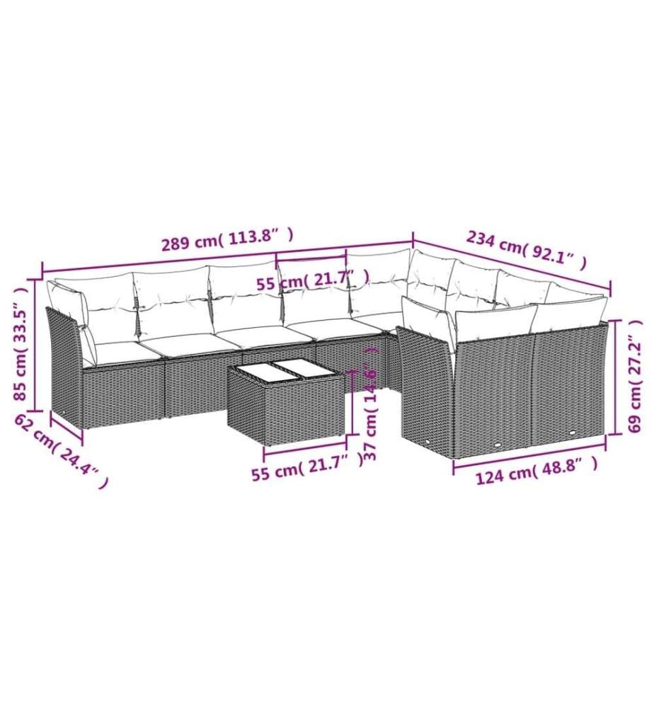 10-tlg. Garten-Sofagarnitur mit Kissen Schwarz Poly Rattan