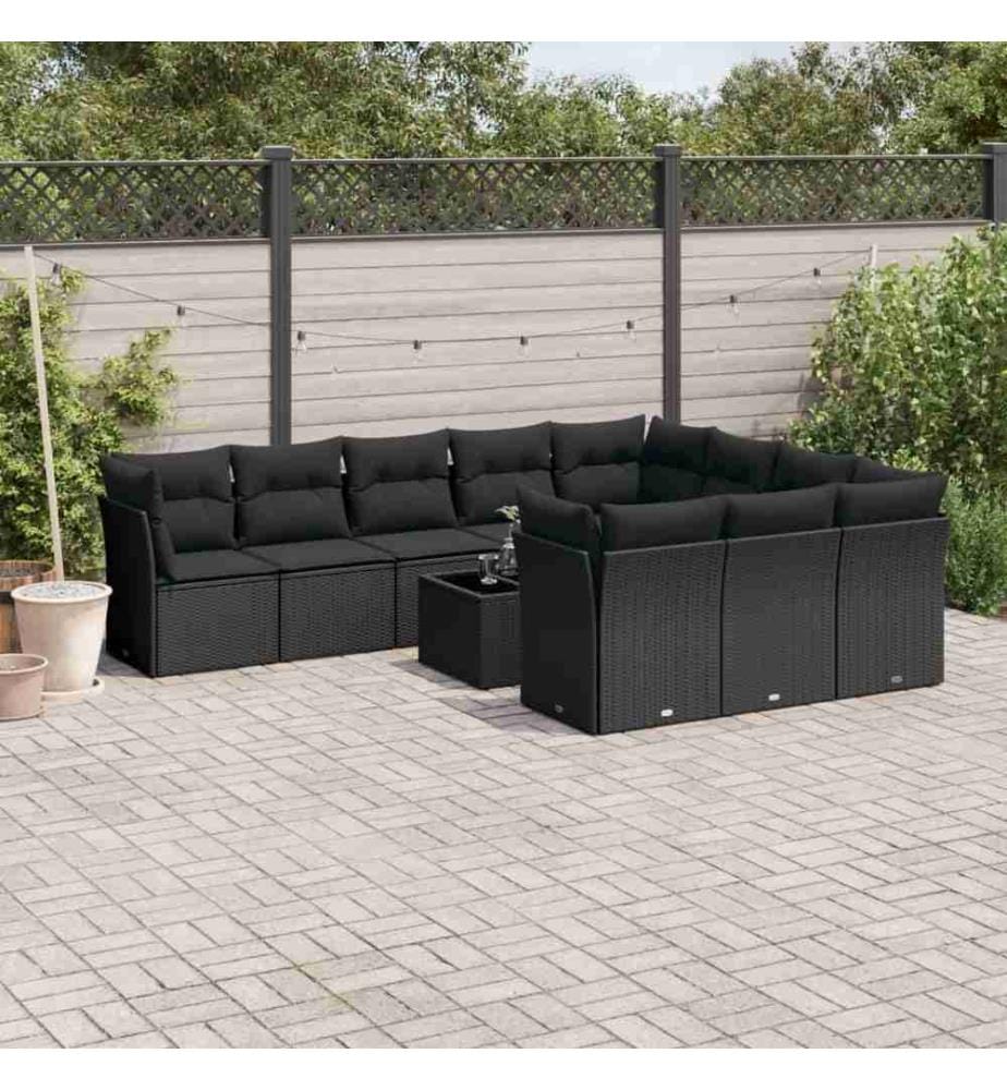 11-tlg. Garten-Sofagarnitur mit Kissen Schwarz Poly Rattan