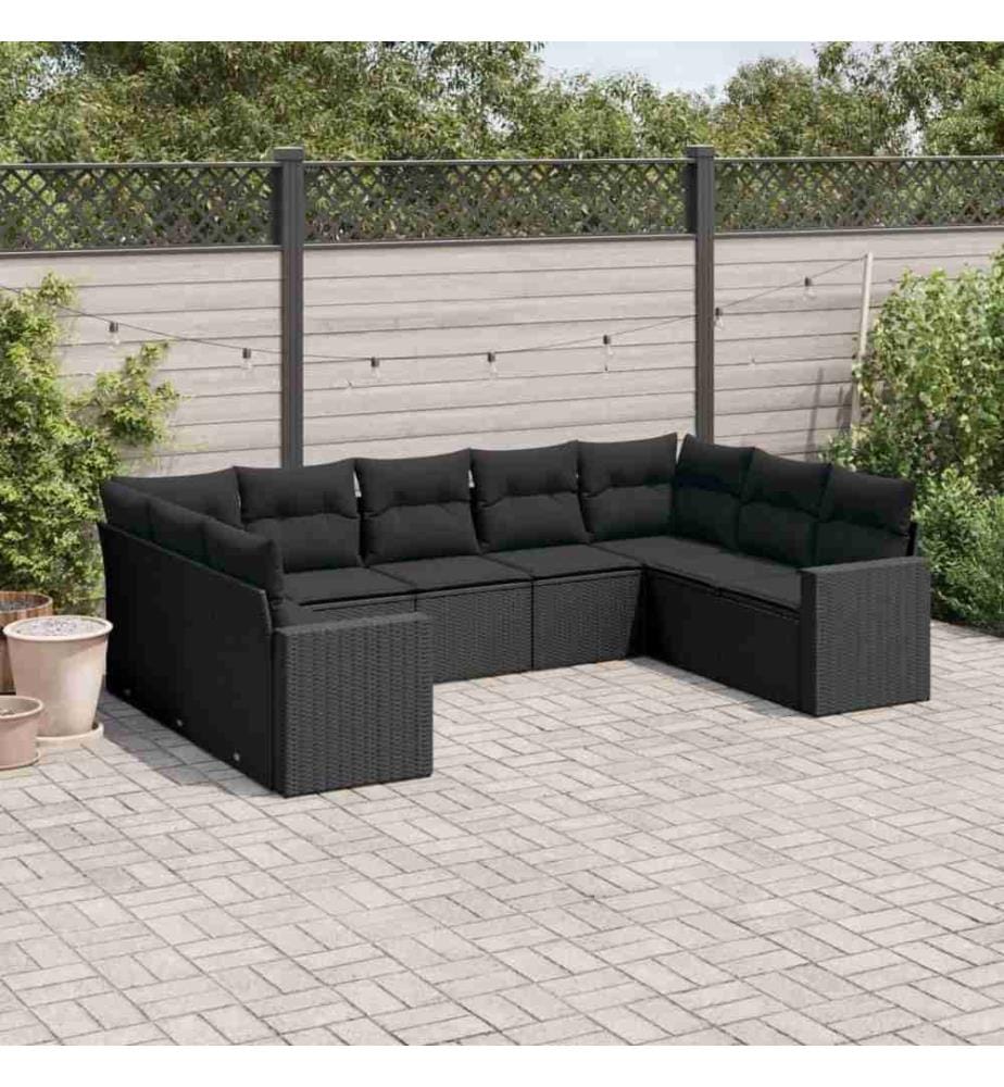 9-tlg. Garten-Sofagarnitur mit Kissen Schwarz Poly Rattan