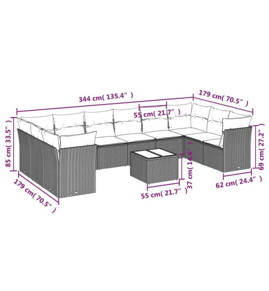 11-tlg. Garten-Sofagarnitur mit Kissen Schwarz Poly Rattan