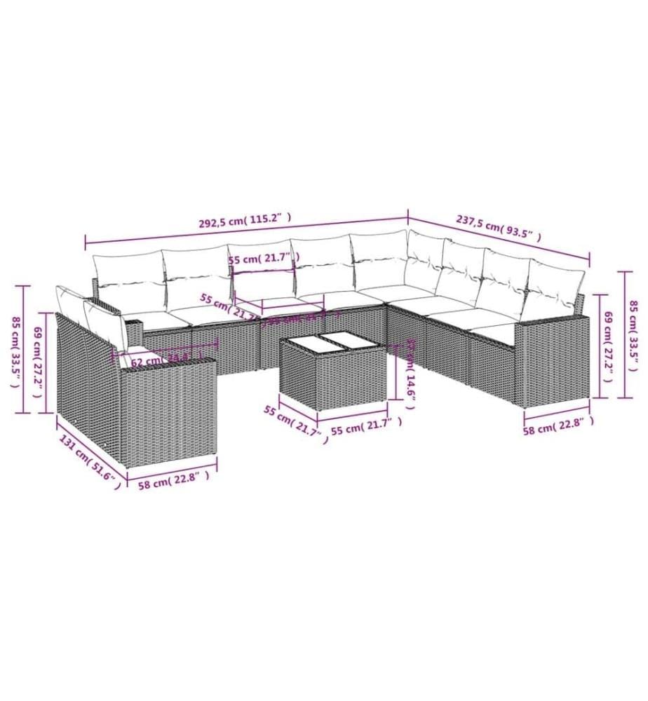 11-tlg. Garten-Sofagarnitur mit Kissen Schwarz Poly Rattan