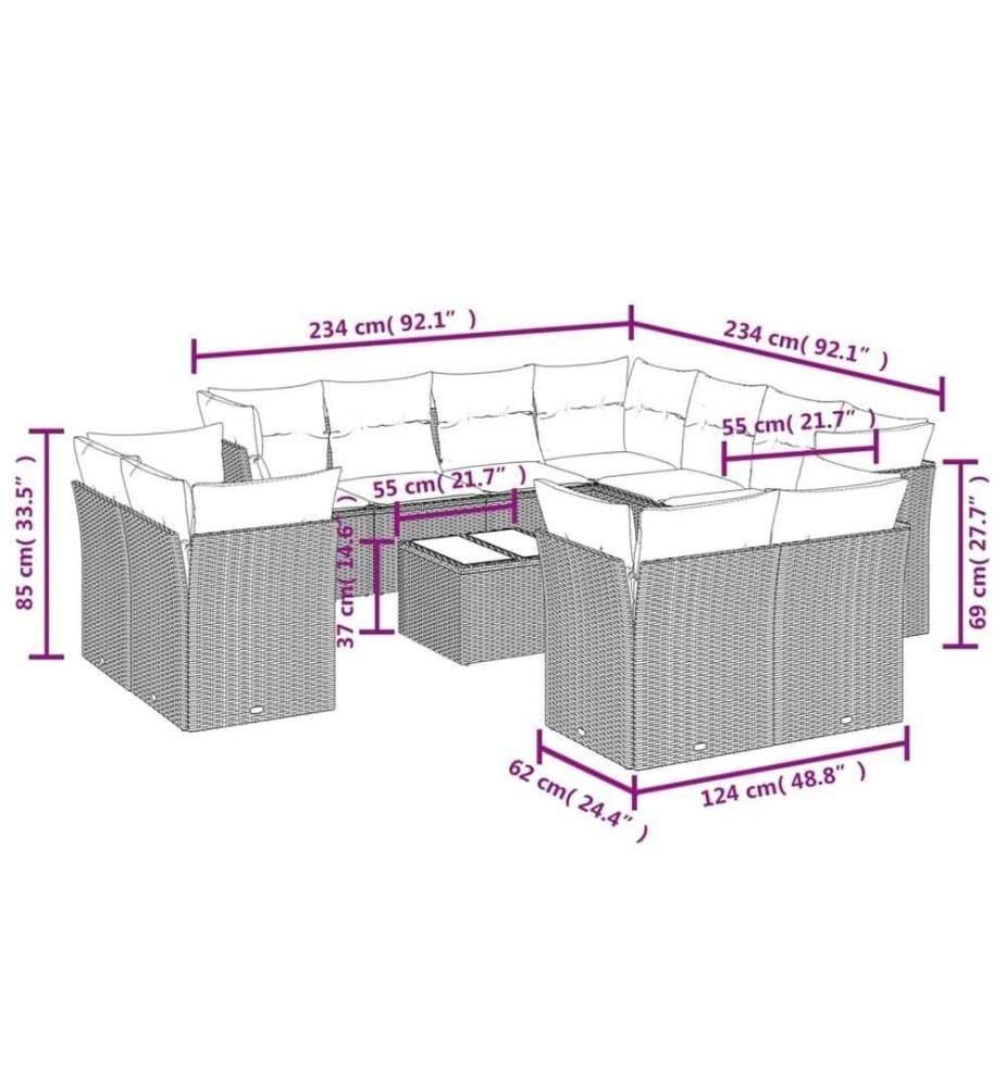 12-tlg. Garten-Sofagarnitur mit Kissen Schwarz Poly Rattan