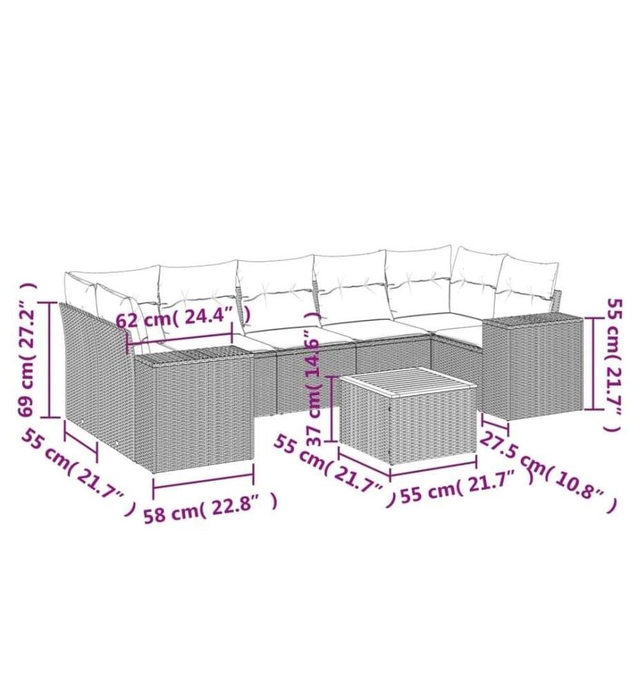 8-tlg. Garten-Sofagarnitur mit Kissen Schwarz Poly Rattan