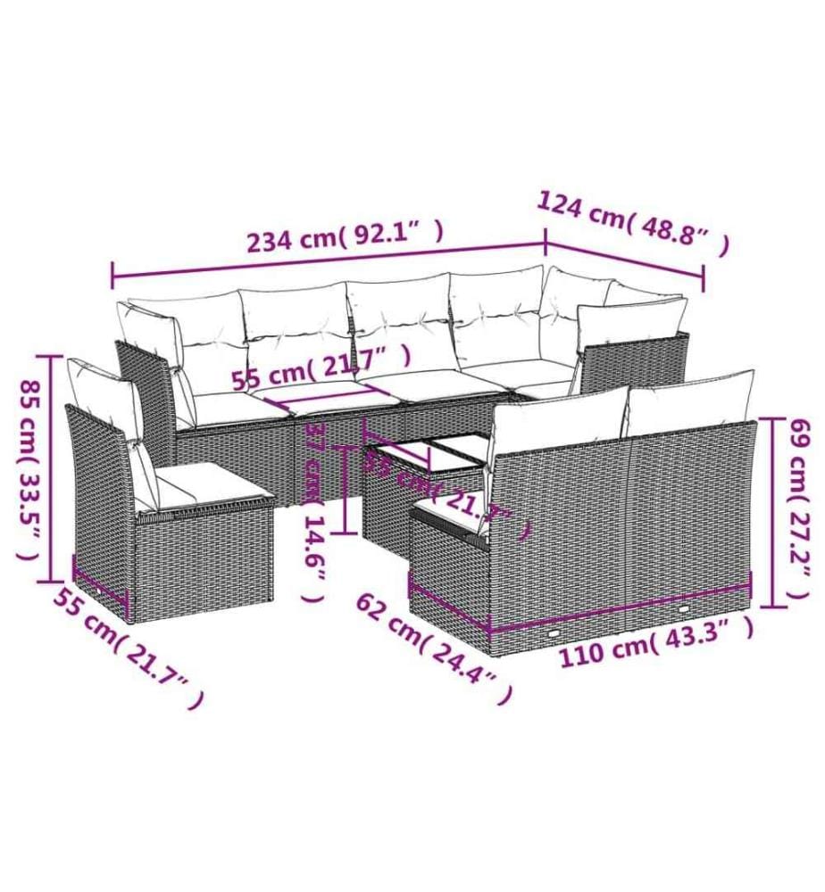 9-tlg. Garten-Sofagarnitur mit Kissen Schwarz Poly Rattan