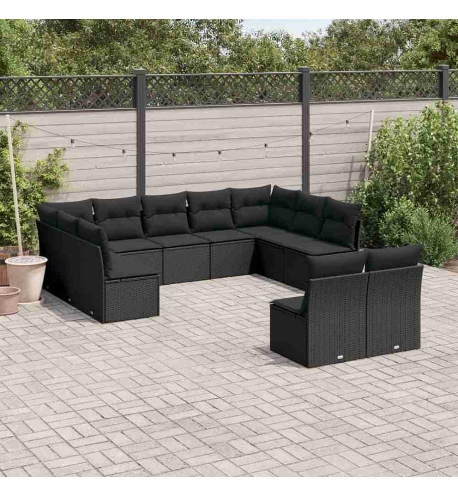 11-tlg. Garten-Sofagarnitur mit Kissen Schwarz Poly Rattan