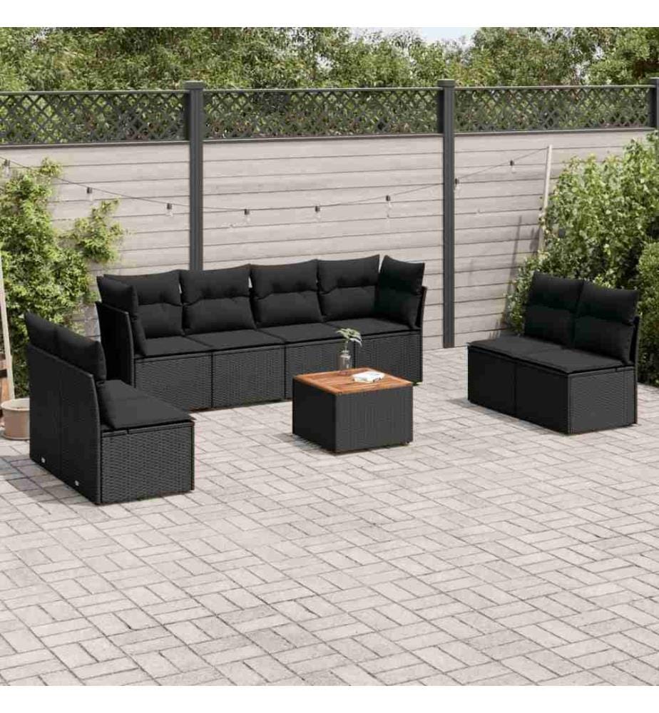9-tlg. Garten-Sofagarnitur mit Kissen Schwarz Poly Rattan