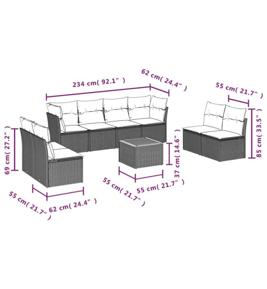 9-tlg. Garten-Sofagarnitur mit Kissen Schwarz Poly Rattan