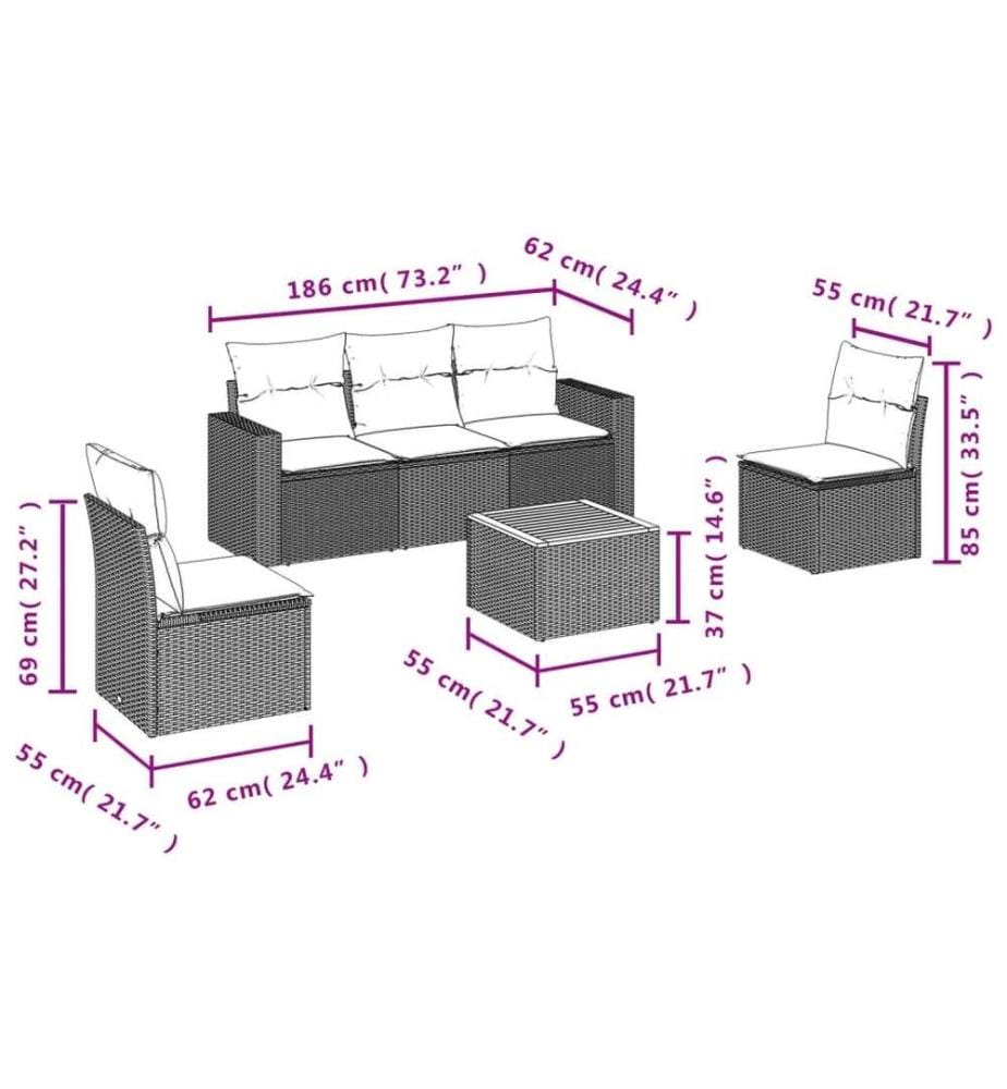 6-tlg. Garten-Sofagarnitur mit Kissen Schwarz Poly Rattan