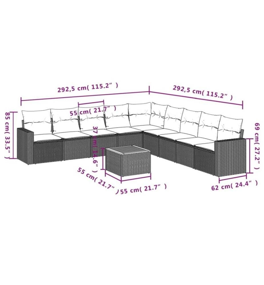 10-tlg. Garten-Sofagarnitur mit Kissen Schwarz Poly Rattan