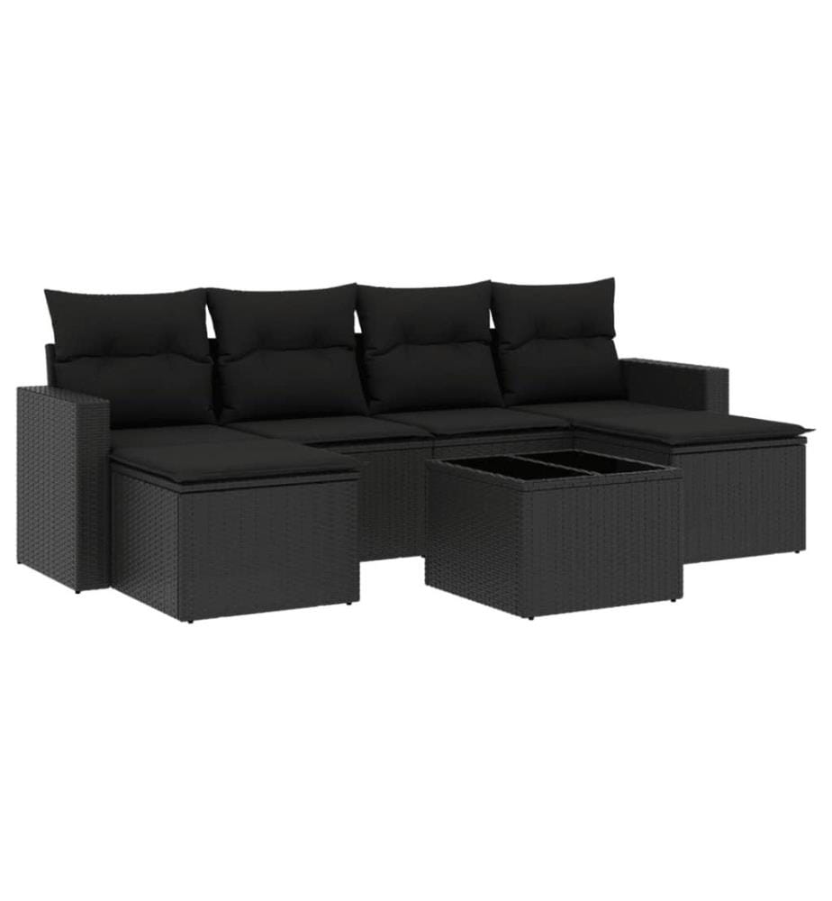 7-tlg. Garten-Sofagarnitur mit Kissen Schwarz Poly Rattan