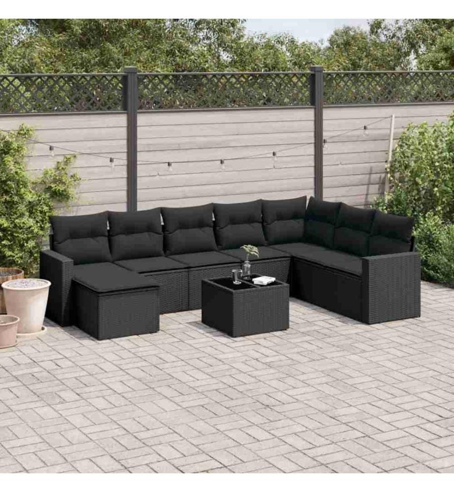 9-tlg. Garten-Sofagarnitur mit Kissen Schwarz Poly Rattan