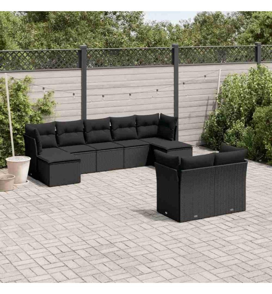9-tlg. Garten-Sofagarnitur mit Kissen Schwarz Poly Rattan