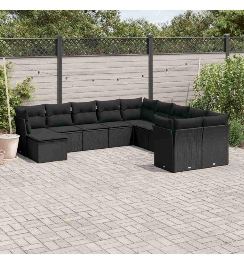11-tlg. Garten-Sofagarnitur mit Kissen Schwarz Poly Rattan