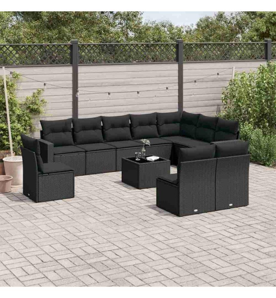 11-tlg. Garten-Sofagarnitur mit Kissen Schwarz Poly Rattan