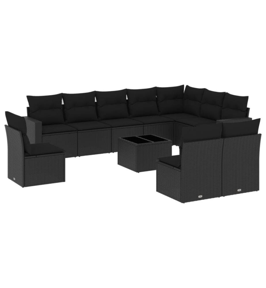 11-tlg. Garten-Sofagarnitur mit Kissen Schwarz Poly Rattan