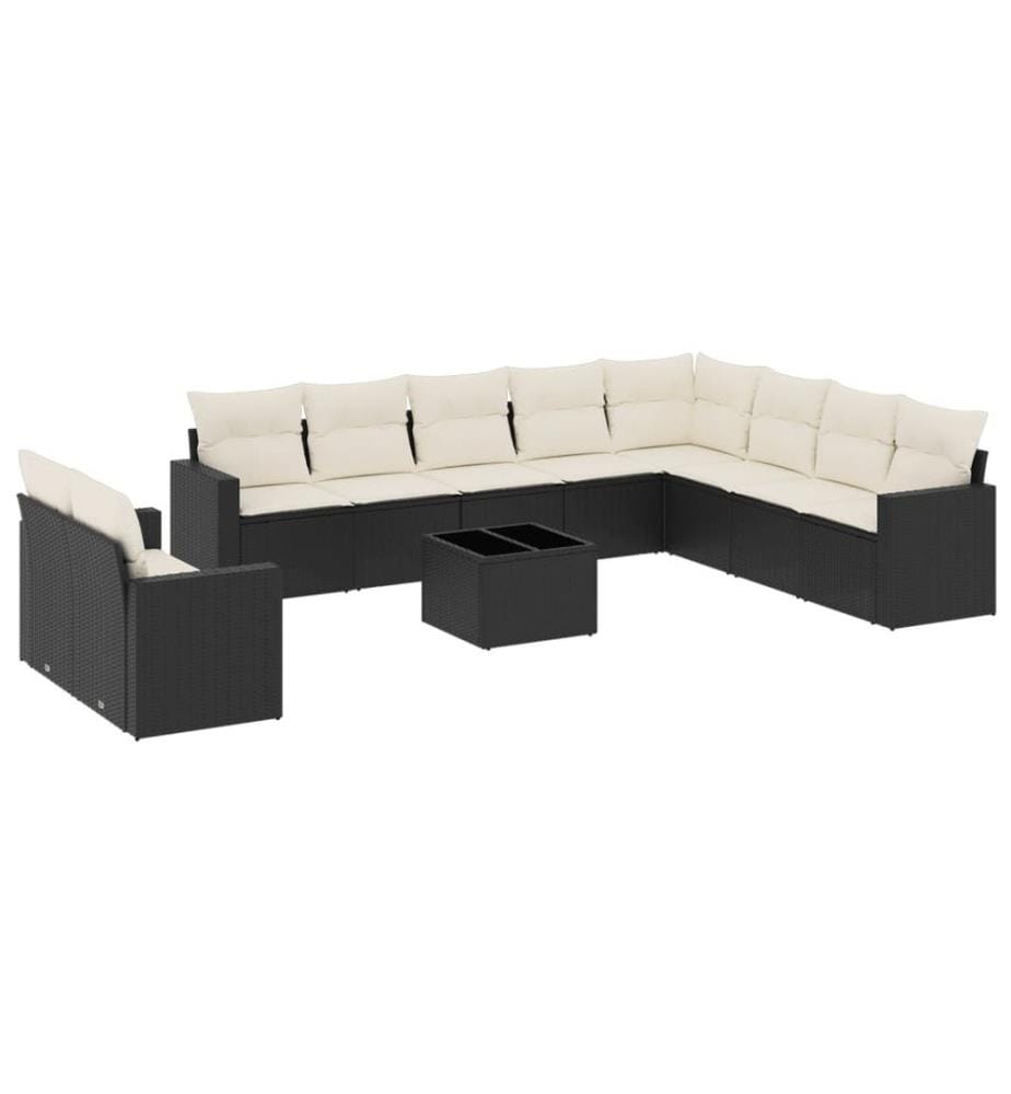 11-tlg. Garten-Sofagarnitur mit Kissen Schwarz Poly Rattan