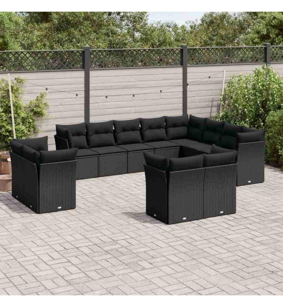 12-tlg. Garten-Sofagarnitur mit Kissen Schwarz Poly Rattan