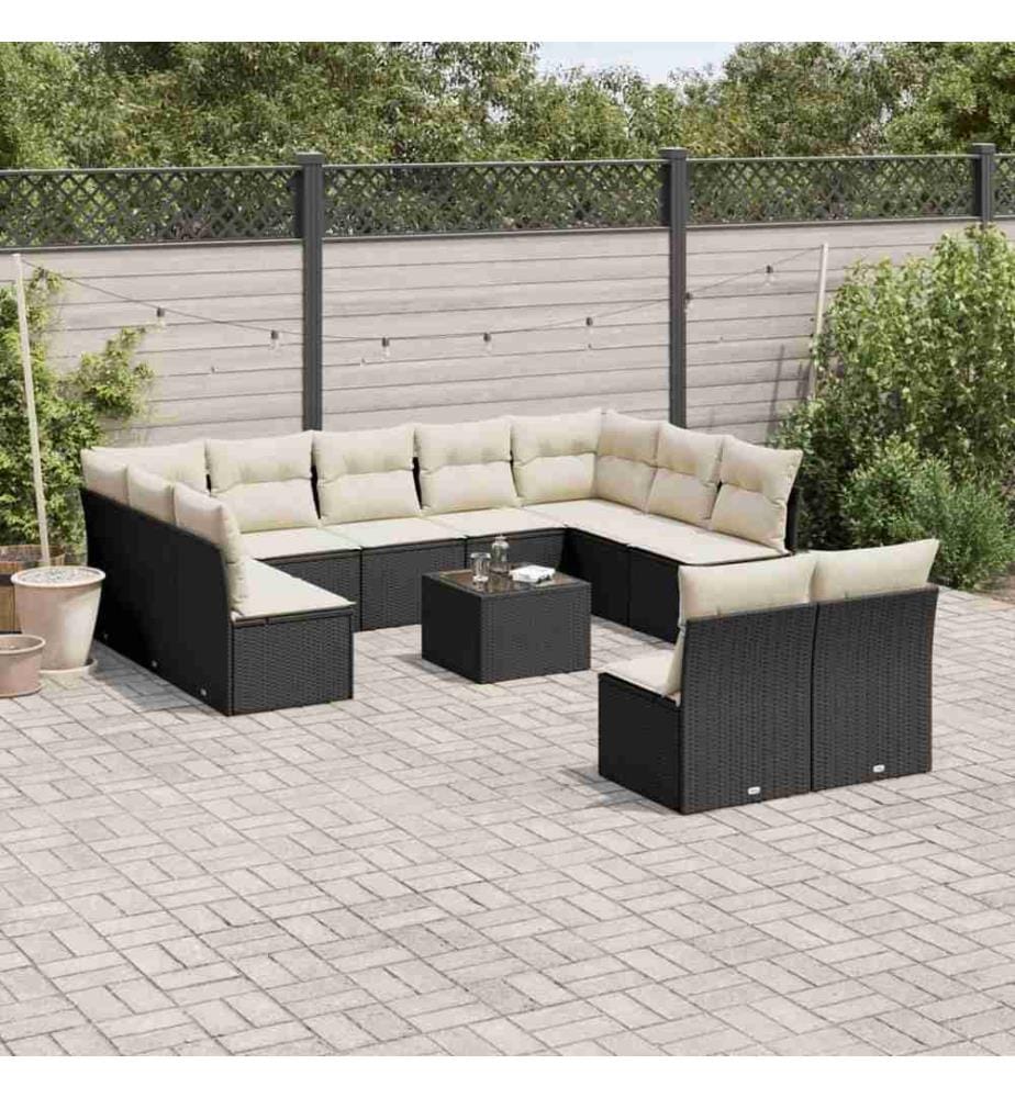 12-tlg. Garten-Sofagarnitur mit Kissen Schwarz Poly Rattan