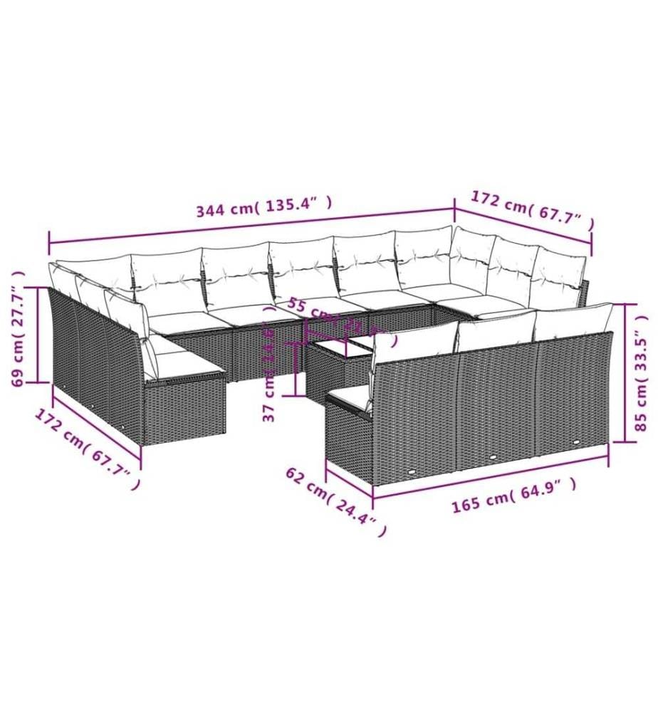 14-tlg. Garten-Sofagarnitur mit Kissen Schwarz Poly Rattan