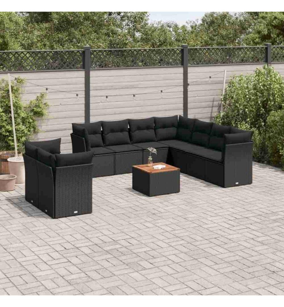 10-tlg. Garten-Sofagarnitur mit Kissen Schwarz Poly Rattan