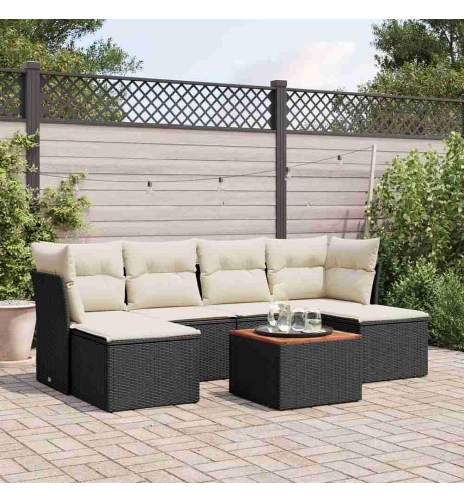 7-tlg. Garten-Sofagarnitur mit Kissen Schwarz Poly Rattan