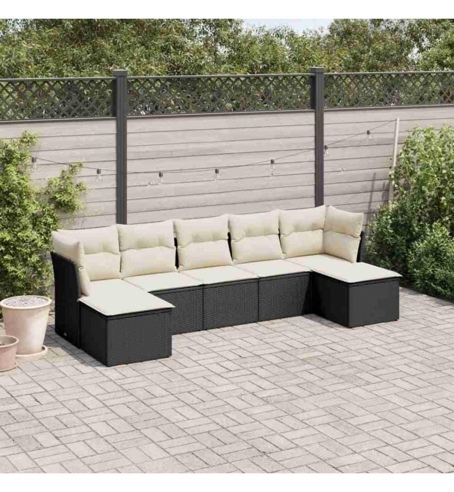 7-tlg. Garten-Sofagarnitur mit Kissen Schwarz Poly Rattan