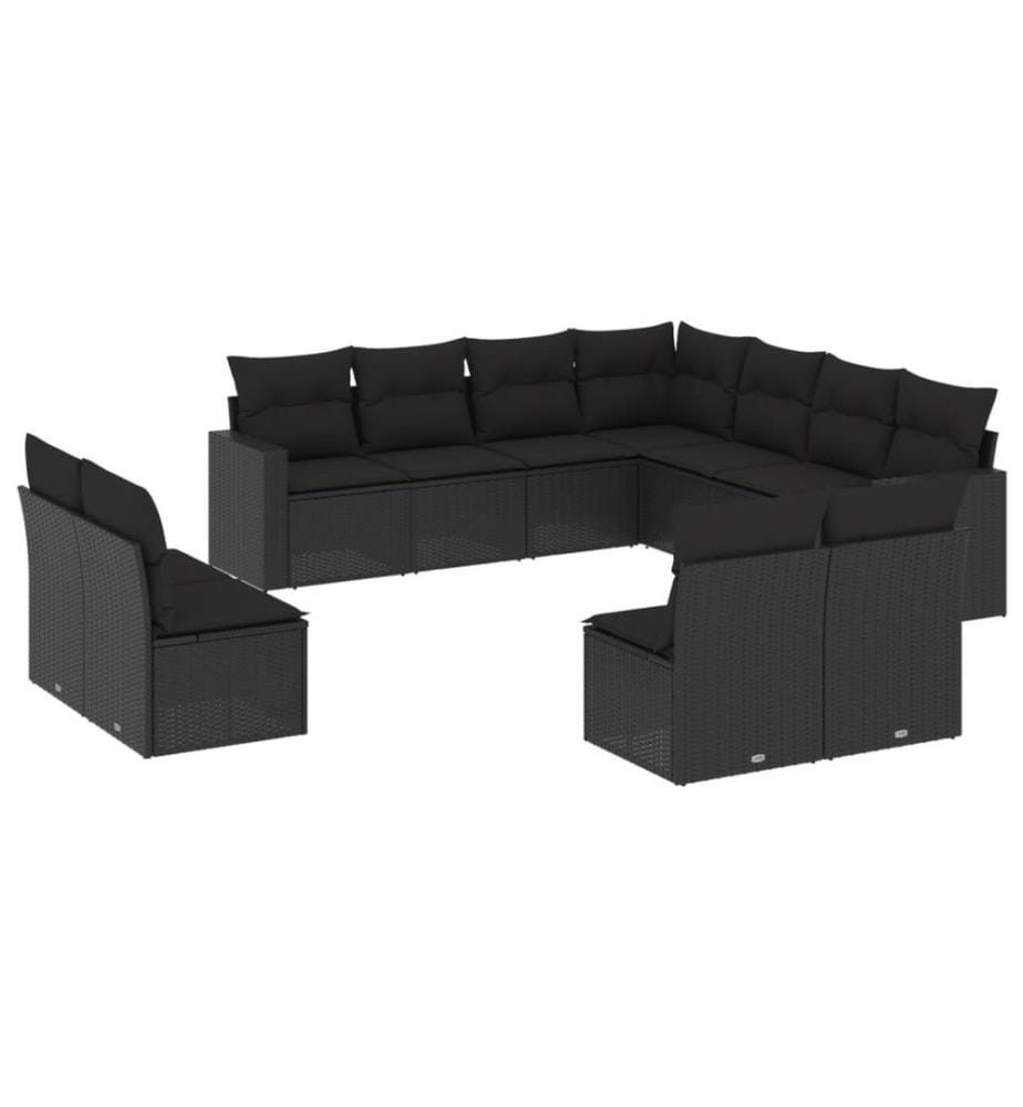 11-tlg. Garten-Sofagarnitur mit Kissen Schwarz Poly Rattan
