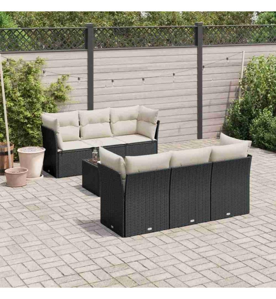 7-tlg. Garten-Sofagarnitur mit Kissen Schwarz Poly Rattan