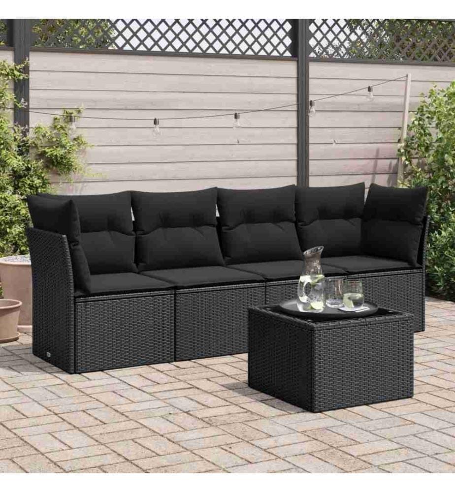 5-tlg. Garten-Sofagarnitur mit Kissen Schwarz Poly Rattan