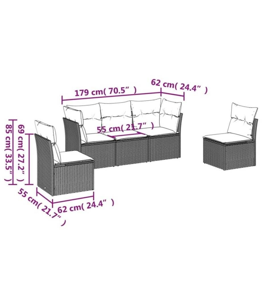5-tlg. Garten-Sofagarnitur mit Kissen Braun Poly Rattan