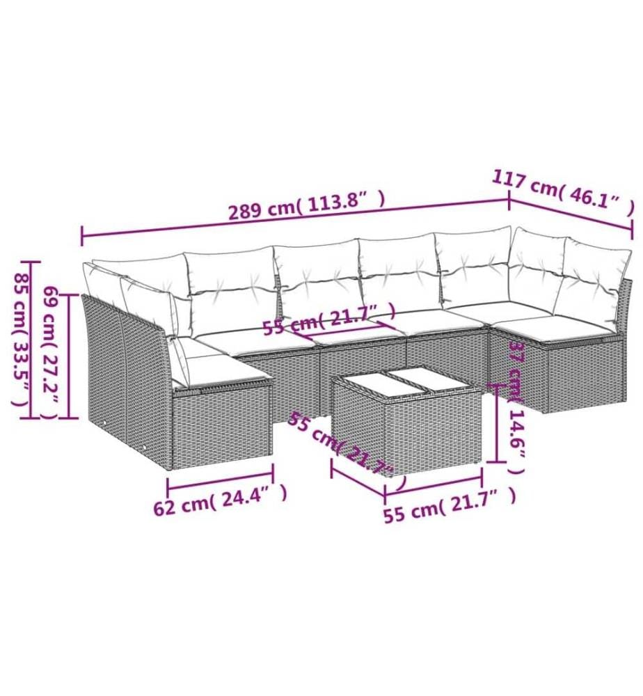 8-tlg. Garten-Sofagarnitur mit Kissen Schwarz Poly Rattan