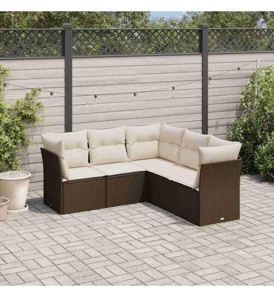 5-tlg. Garten-Sofagarnitur mit Kissen Braun Poly Rattan