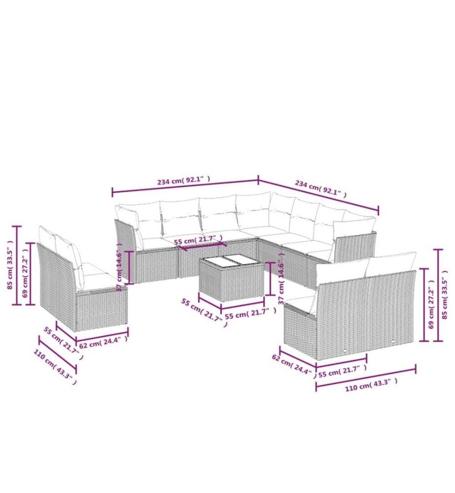 12-tlg. Garten-Sofagarnitur mit Kissen Schwarz Poly Rattan