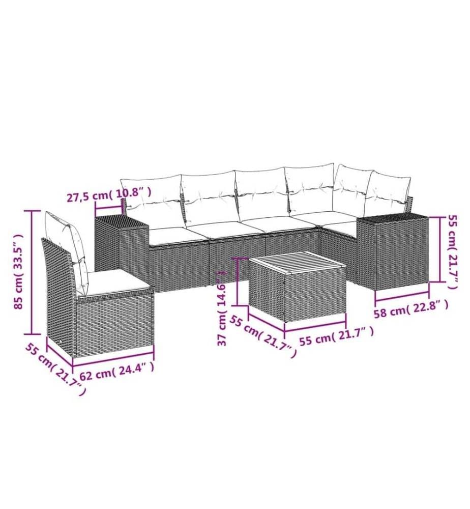 7-tlg. Garten-Sofagarnitur mit Kissen Schwarz Poly Rattan