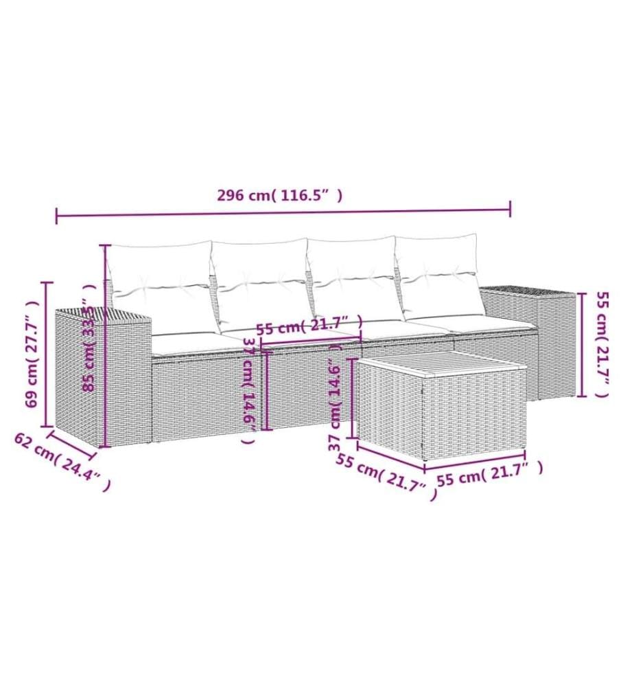 5-tlg. Garten-Sofagarnitur mit Kissen Schwarz Poly Rattan