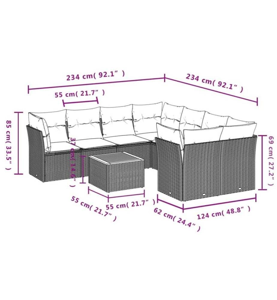 9-tlg. Garten-Sofagarnitur mit Kissen Schwarz Poly Rattan
