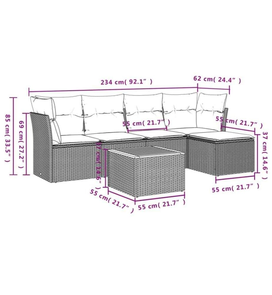 6-tlg. Garten-Sofagarnitur mit Kissen Schwarz Poly Rattan
