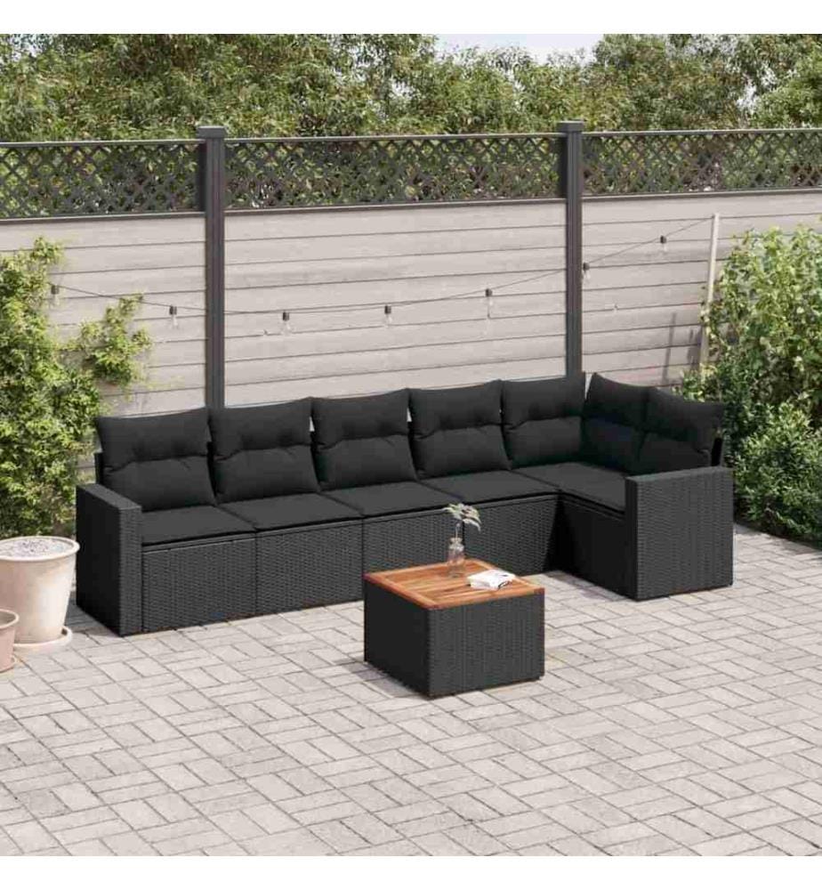7-tlg. Garten-Sofagarnitur mit Kissen Schwarz Poly Rattan