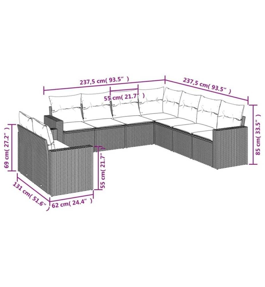 9-tlg. Garten-Sofagarnitur mit Kissen Schwarz Poly Rattan