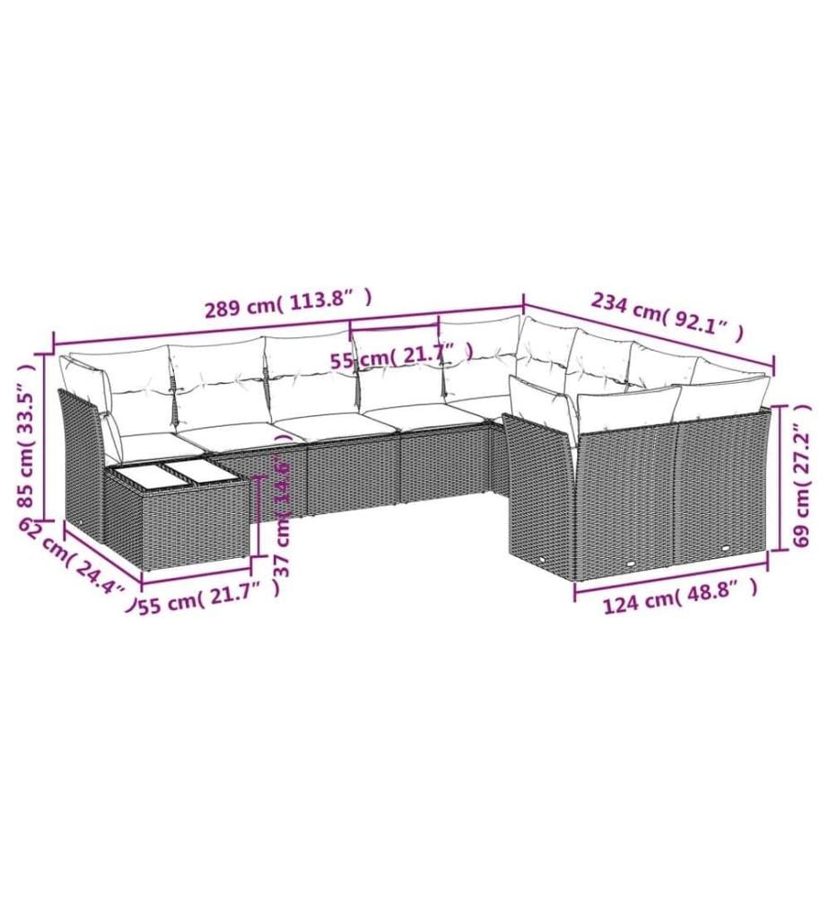 10-tlg. Garten-Sofagarnitur mit Kissen Schwarz Poly Rattan