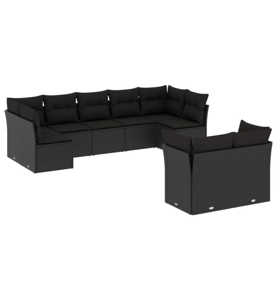 9-tlg. Garten-Sofagarnitur mit Kissen Schwarz Poly Rattan
