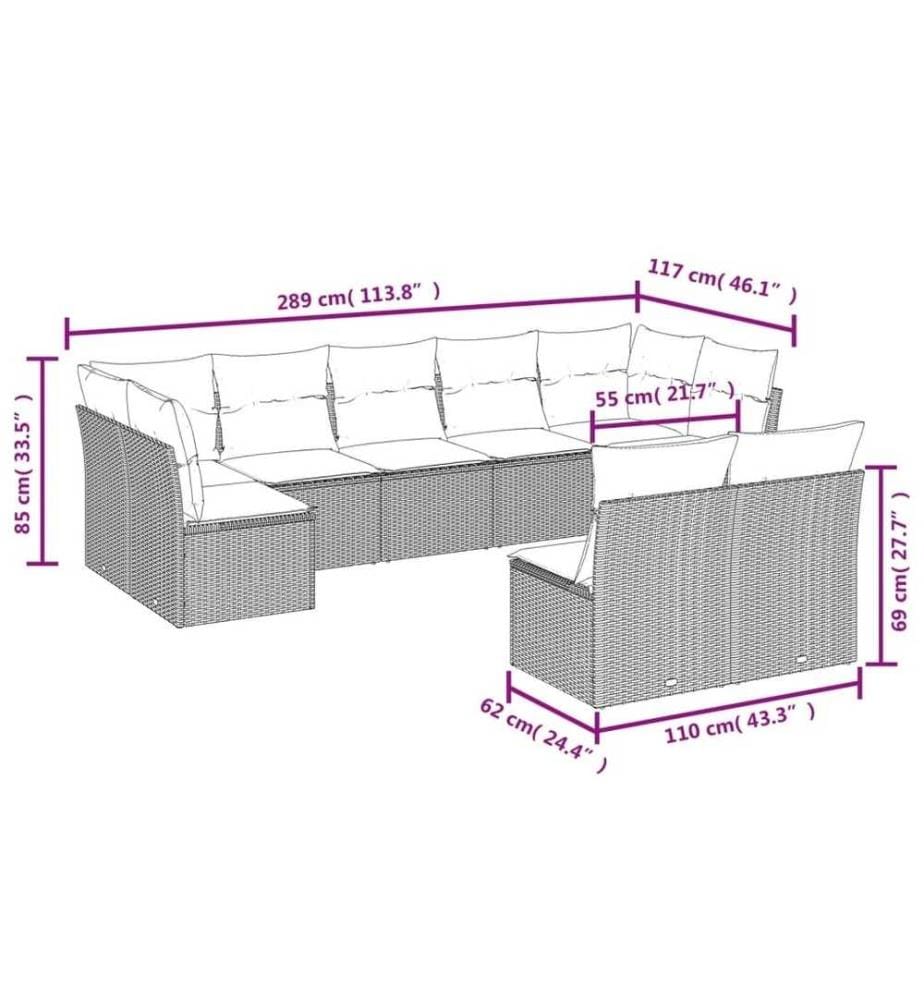 9-tlg. Garten-Sofagarnitur mit Kissen Schwarz Poly Rattan