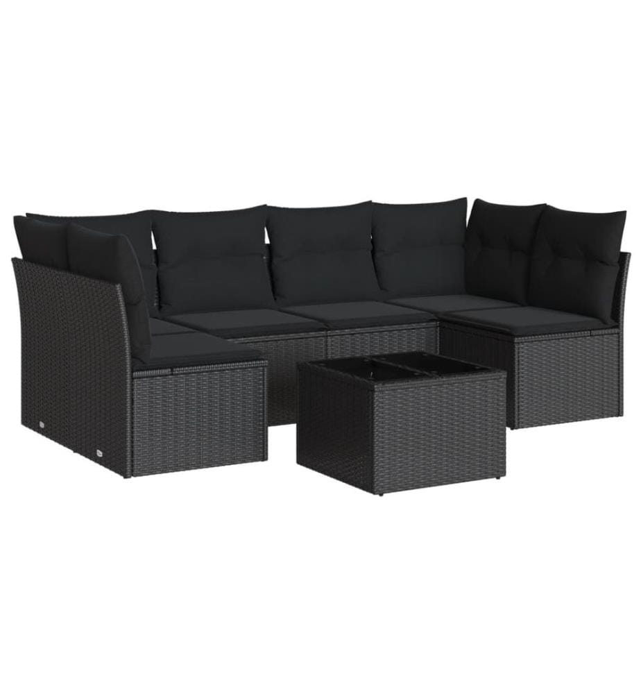 7-tlg. Garten-Sofagarnitur mit Kissen Schwarz Poly Rattan