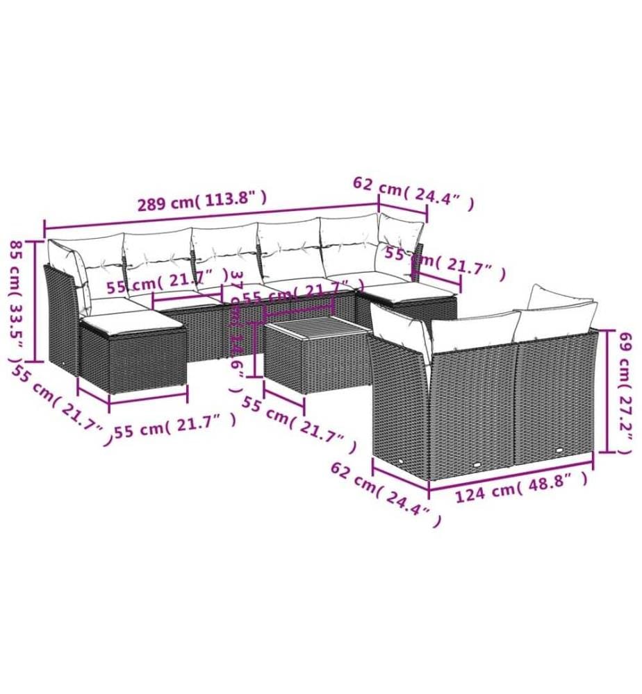 10-tlg. Garten-Sofagarnitur mit Kissen Schwarz Poly Rattan