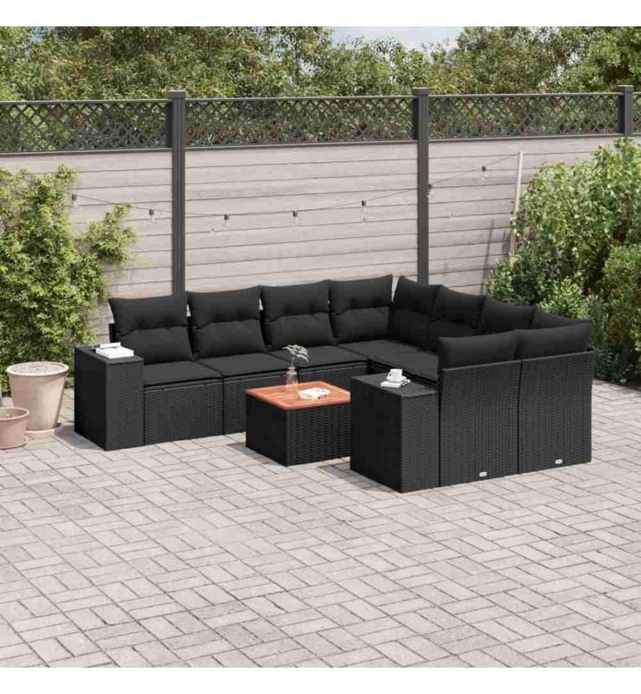 9-tlg. Garten-Sofagarnitur mit Kissen Schwarz Poly Rattan