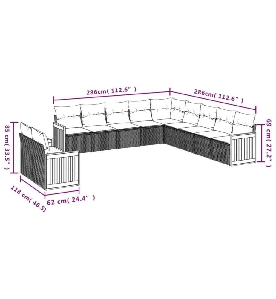 11-tlg. Garten-Sofagarnitur mit Kissen Schwarz Poly Rattan